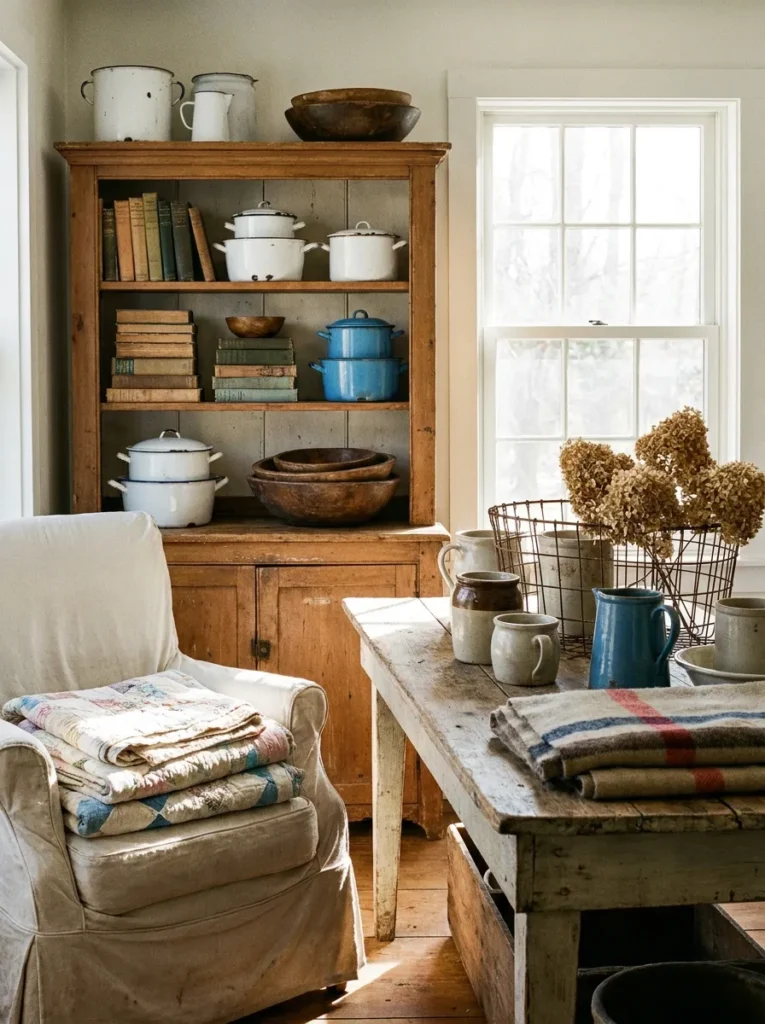 Thrifted farmhouse decor with collected treasures – authentic and warm