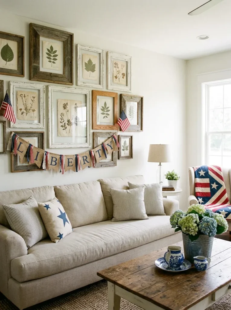 Gallery wall with mismatched vintage frames and botanical prints.