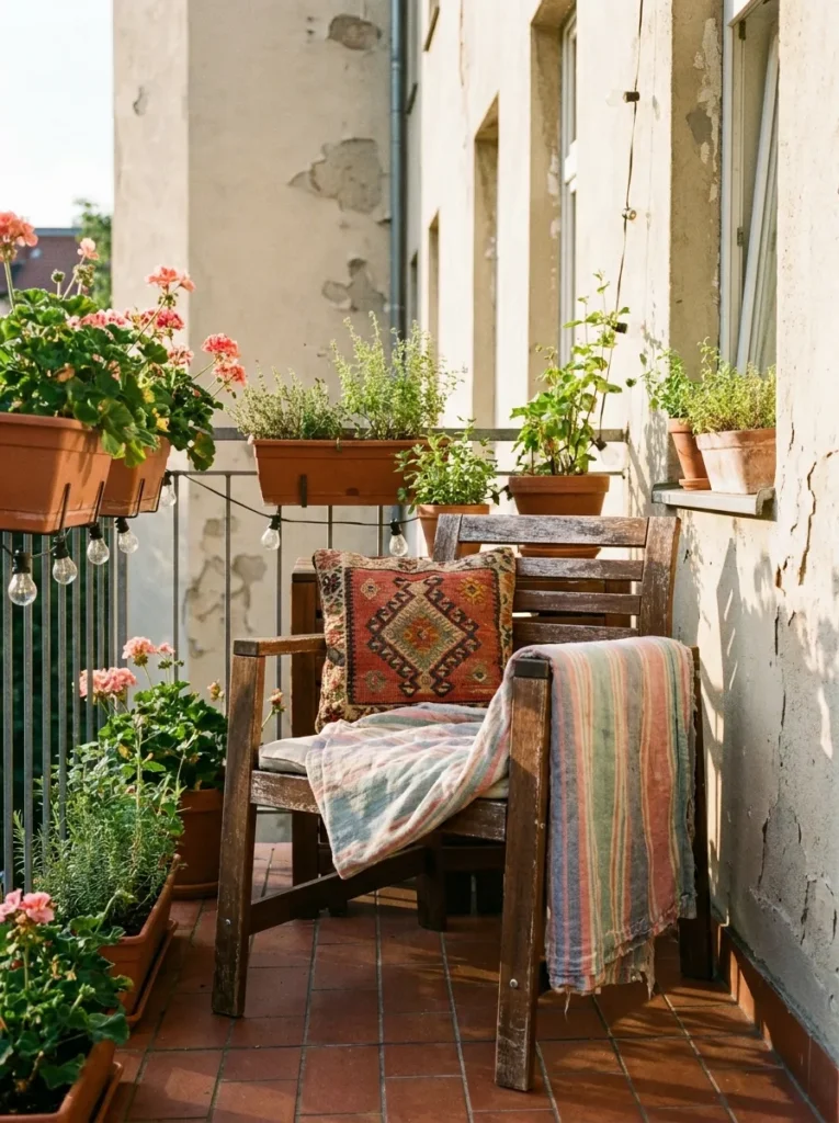 Thrifted bohemian pillows and blanket on a balcony chair – affordable summer textiles