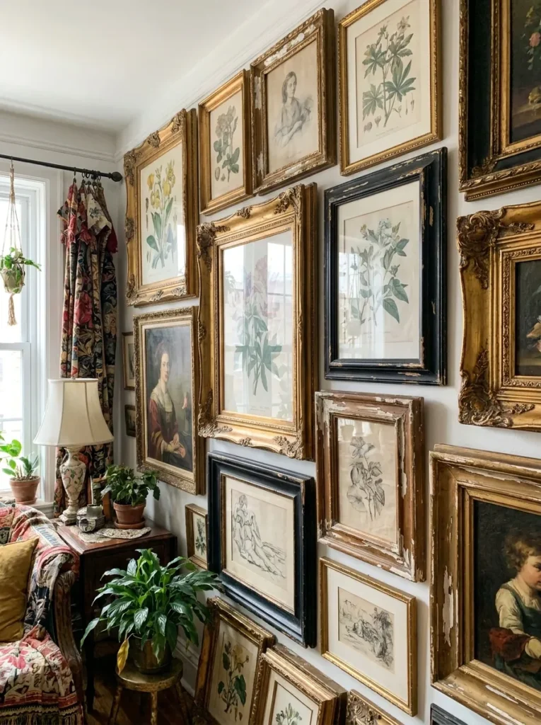 Thrifted vintage frames creating a maximalist gallery wall – affordable art ideas
