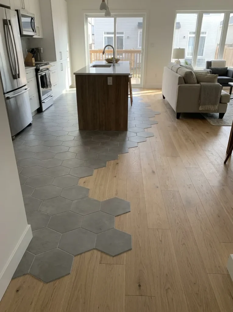 Interlocking hexagonal tile and wood plank flooring transition