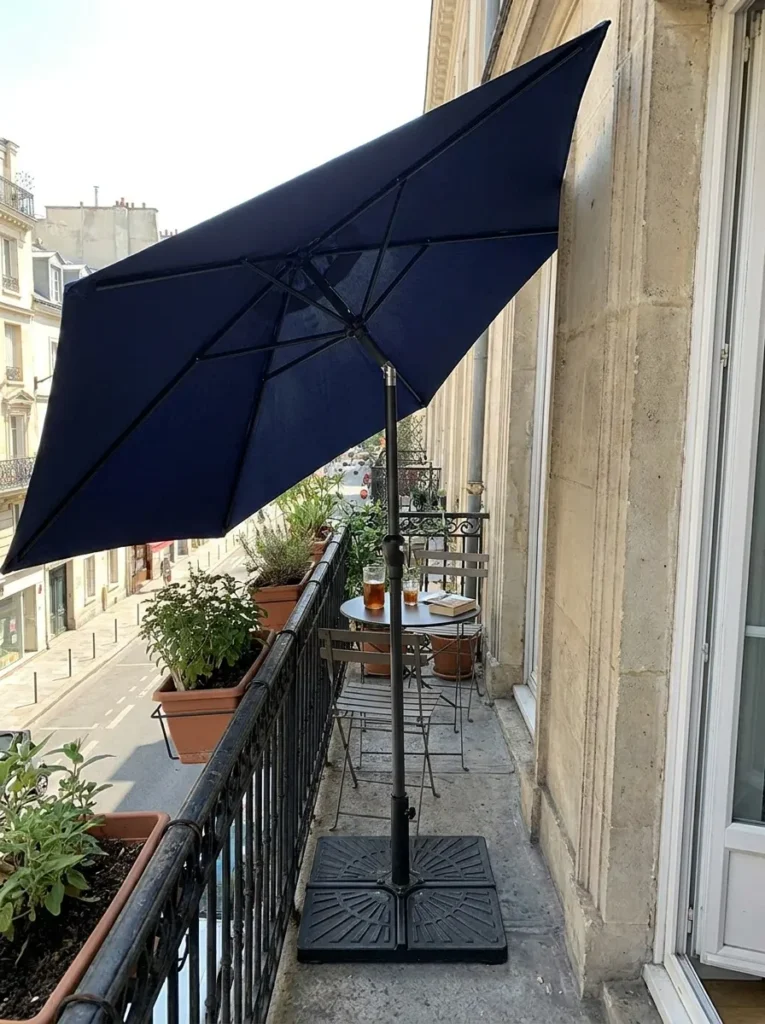 Tilted navy blue patio umbrella with heavy base – flexible balcony shade