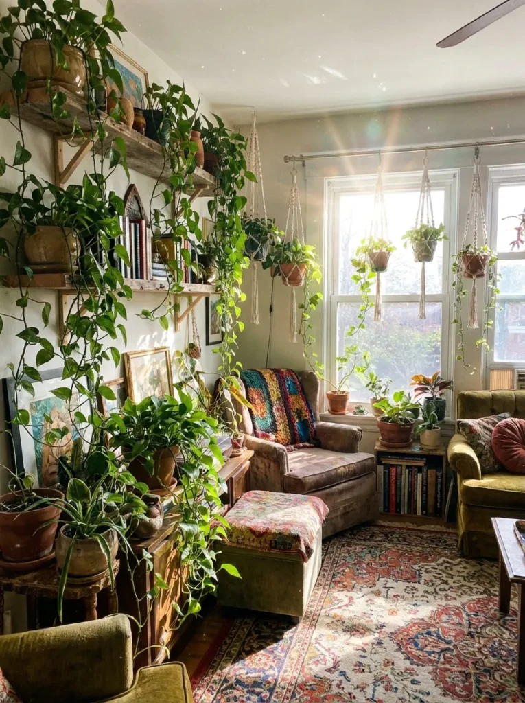 Trailing pothos plants on high shelves – cheap greenery for maximalist decor
