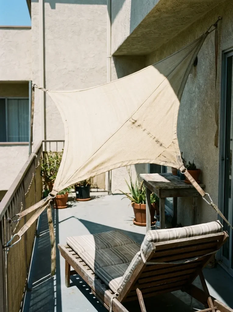 Triangular canvas shade sail tied to balcony – overhead shade without drilling