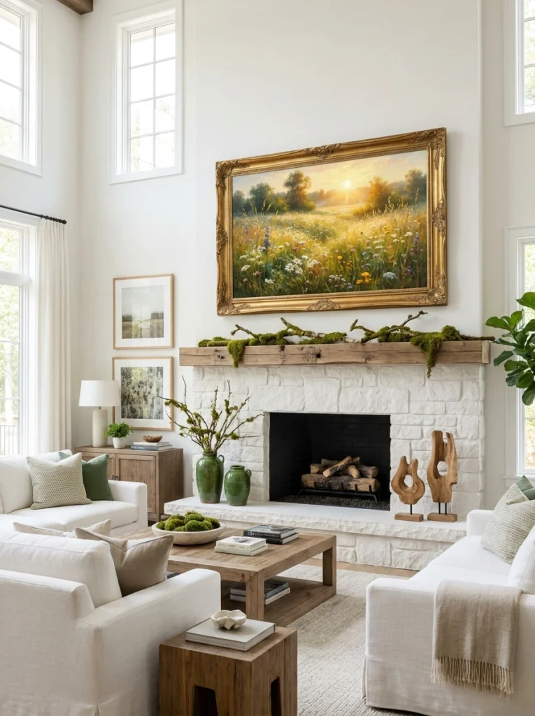 TV above fireplace displaying landscape art to match mantel decor.