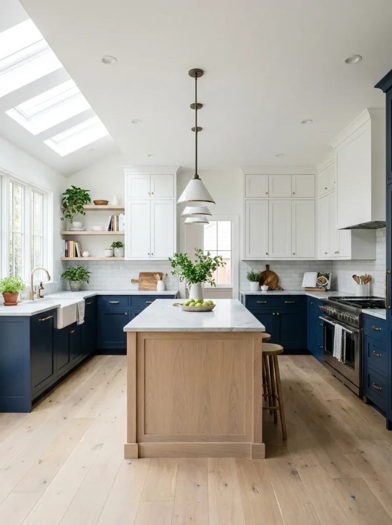 Two tone kitchen with navy perimeter cabinets and light oak island
