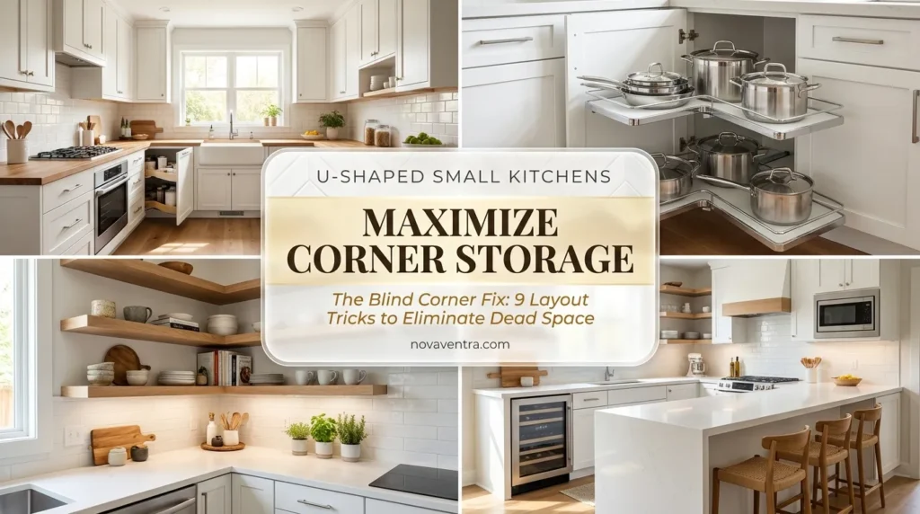 U-shaped small kitchen layout ideas featuring magic corner storage pull outs, seamless countertops, open corner shelving, and peninsula counter seating.