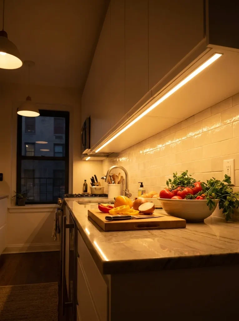 Under cabinet LED strip lighting illuminating a narrow apartment kitchen counter