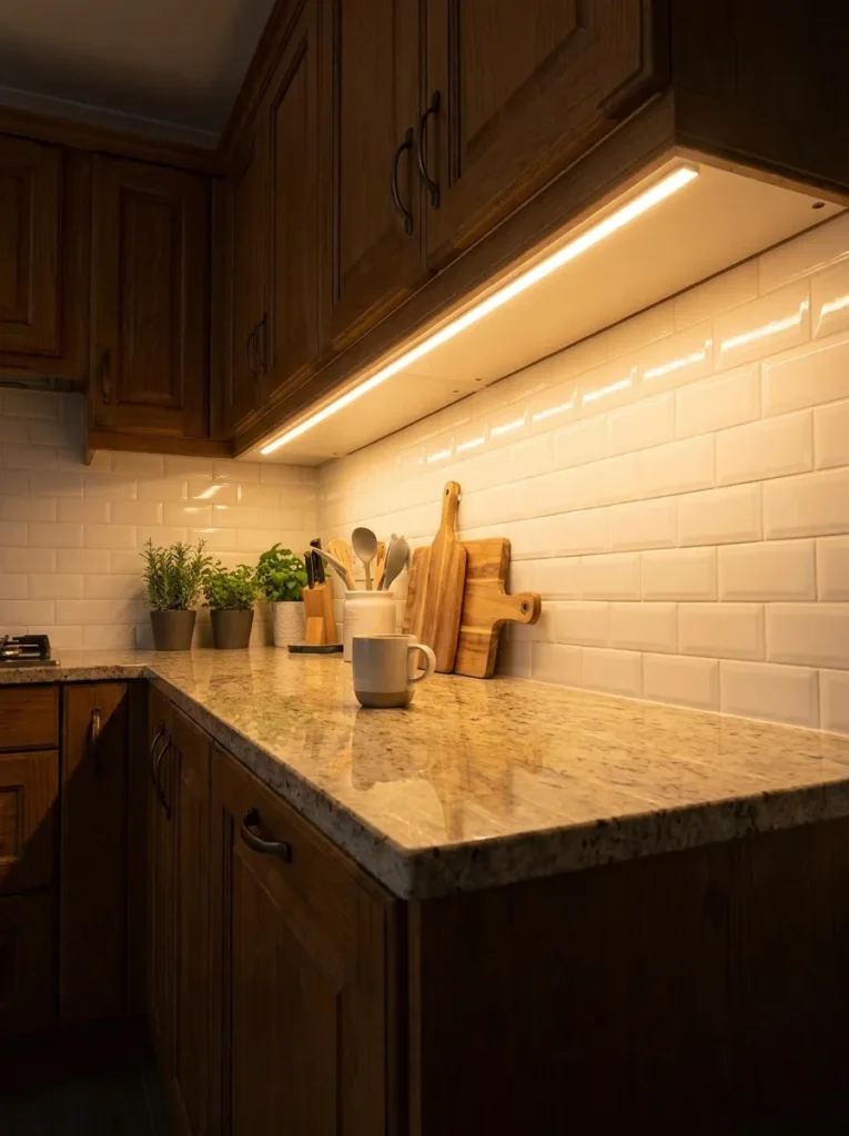 Under cabinet LED tape lighting eliminating shadows in a kitchen corner