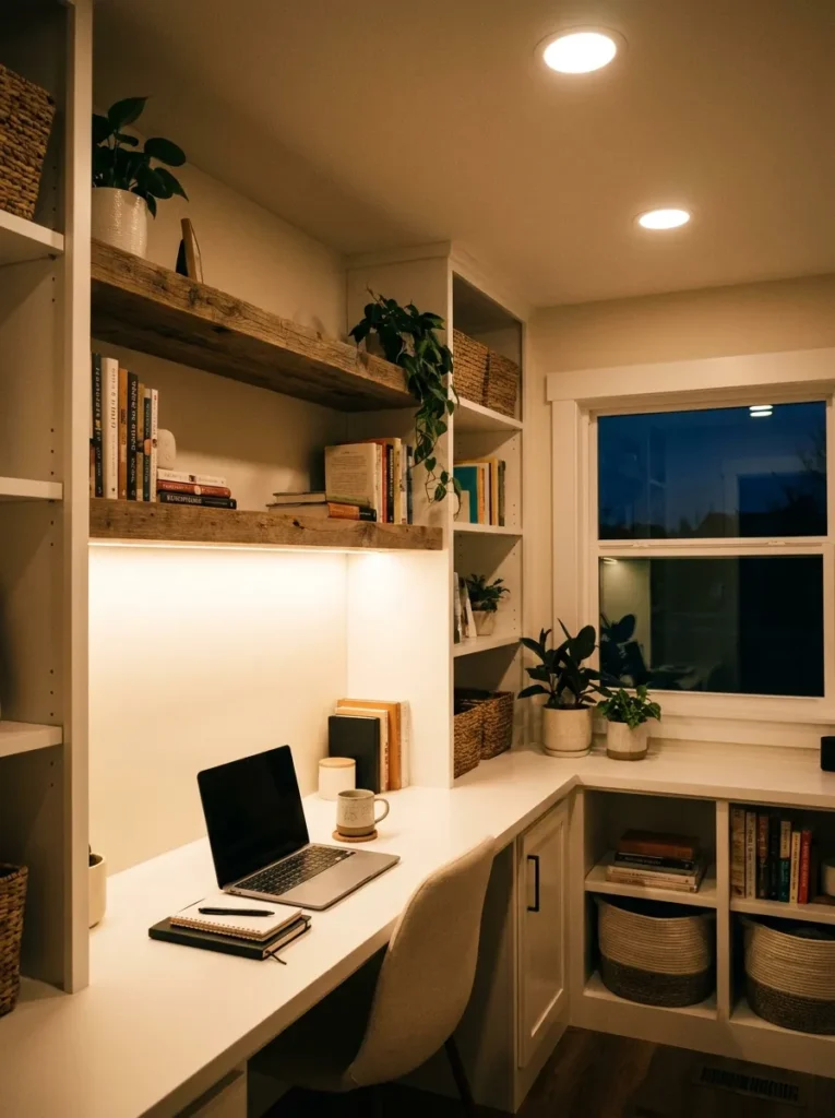 LED under-shelf light strip illuminating a floating closet desk