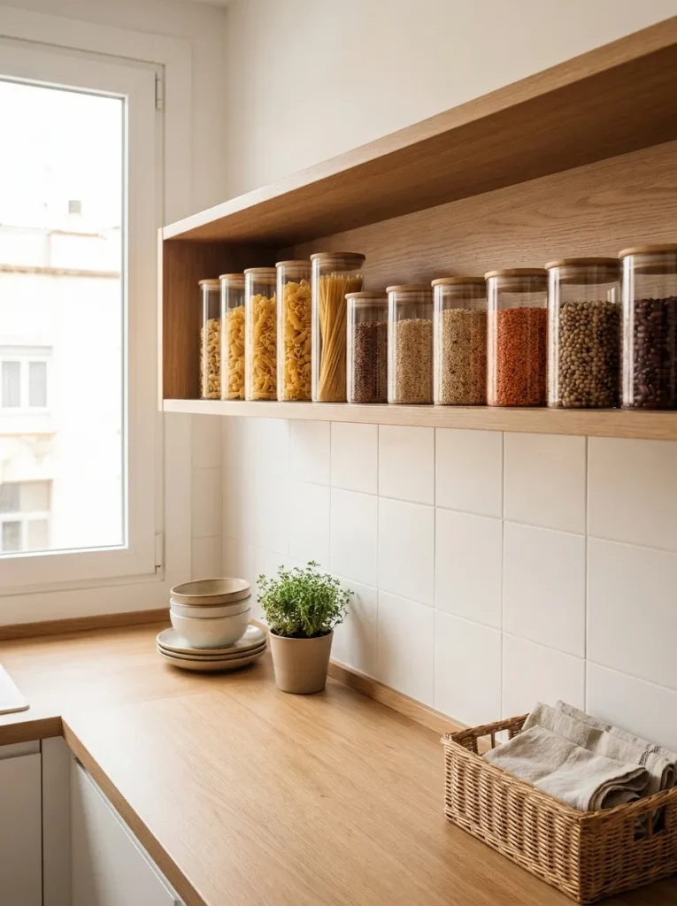 Uniform glass jars with bamboo lids organizing pantry staples on a kitchen shelf