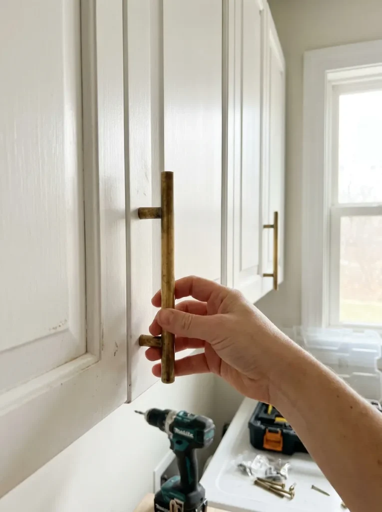Unlacquered brass cabinet pulls on white laundry room cabinets