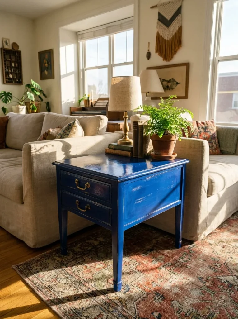 Upcycled cobalt blue side table with brass pulls – eclectic furniture on a budget
