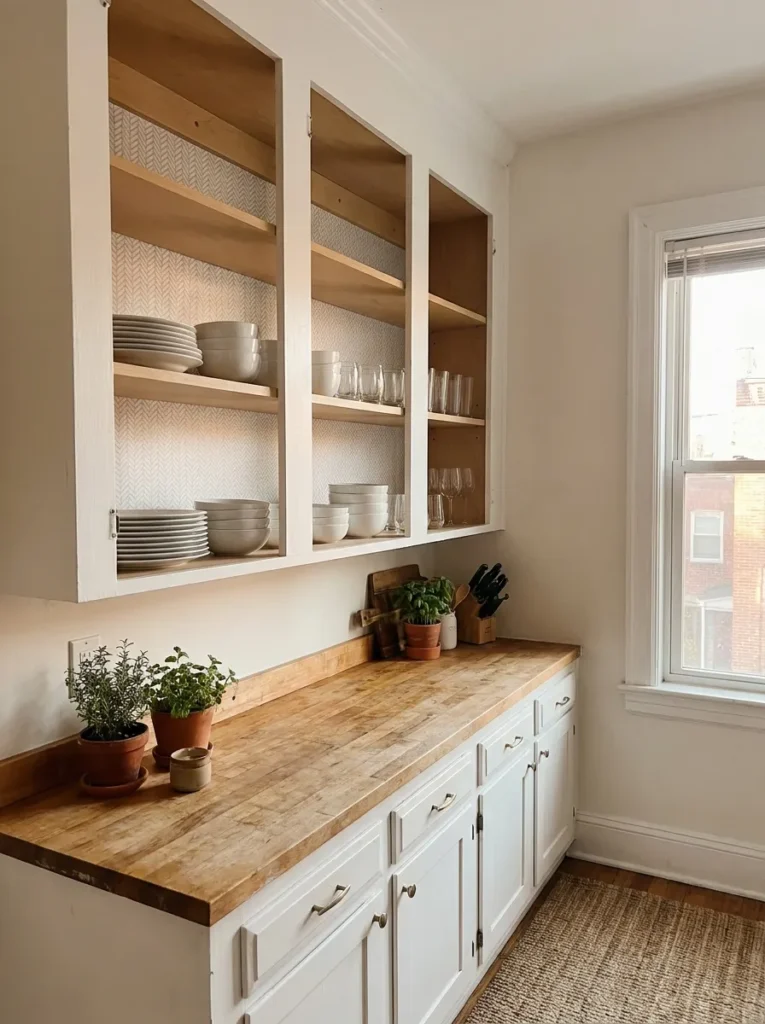 Upper cabinets with doors removed for an open shelf look in a galley kitchen