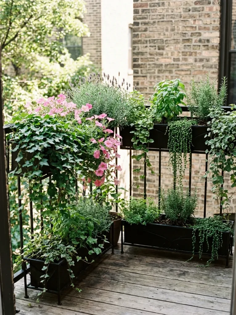 Vertical railing planters filled with flowers and herbs on a small apartment balcony.