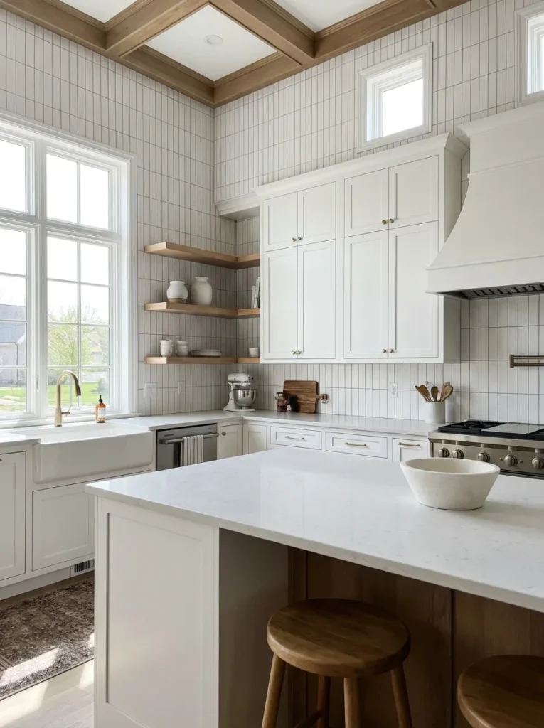 Vertically stacked white subway tile backsplash lifting the kitchen ceiling