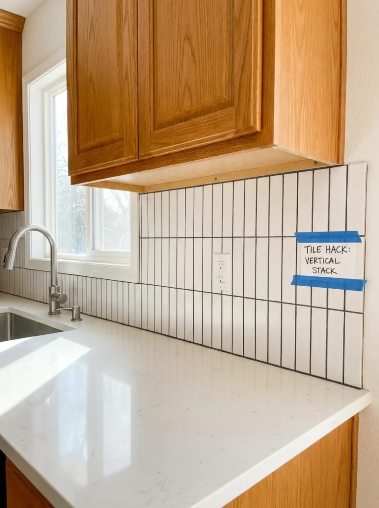 Vertically stacked white subway tile modernizing a kitchen