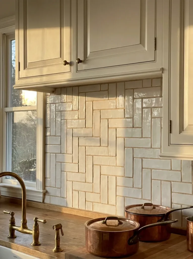 Vertical staggered subway tile pattern in a white kitchen