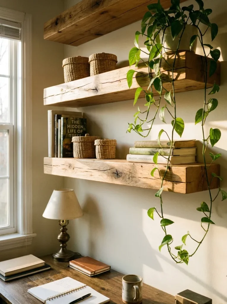 Vertical floating shelves above a workspace – affordable home office storage