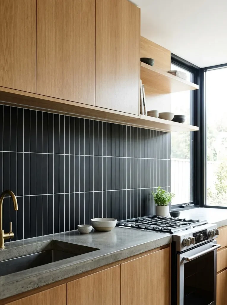 Vertically stacked matte black subway tile with oak kitchen cabinets