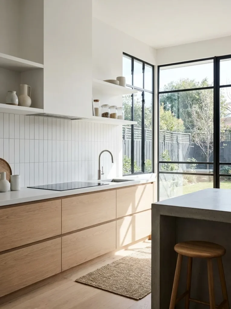 Vertically stacked matte white subway tile with blonde oak cabinets