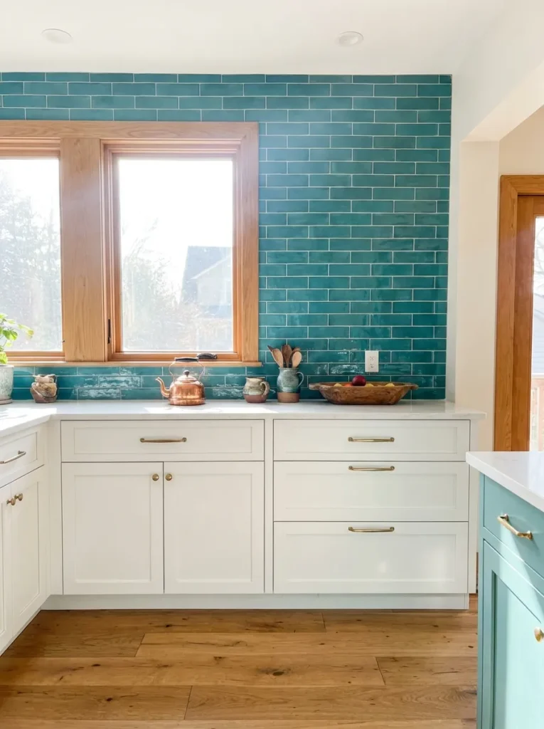 Vibrant teal counter to ceiling tile installation above white lower cabinets