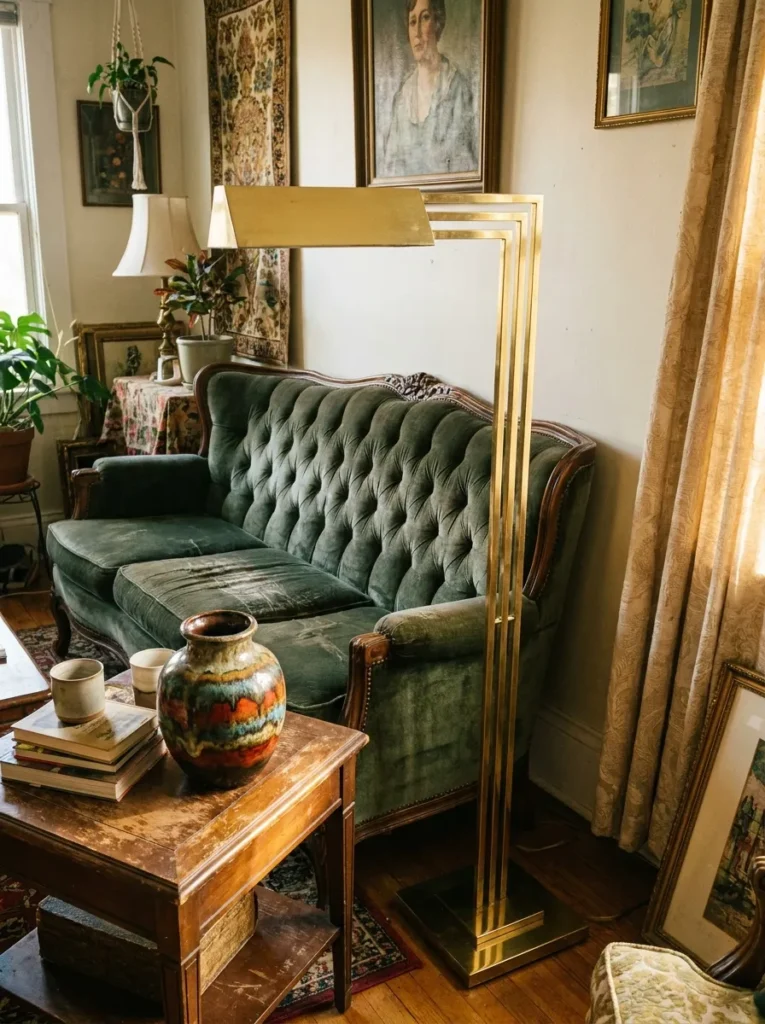 Victorian sofa mixed with Art Deco lamp and 70s ceramic – eclectic vintage era mixing