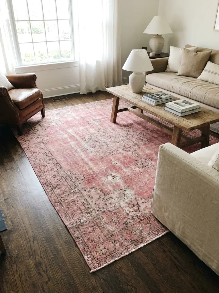 Vintage aged-pink overdyed rug – elegant and collected style