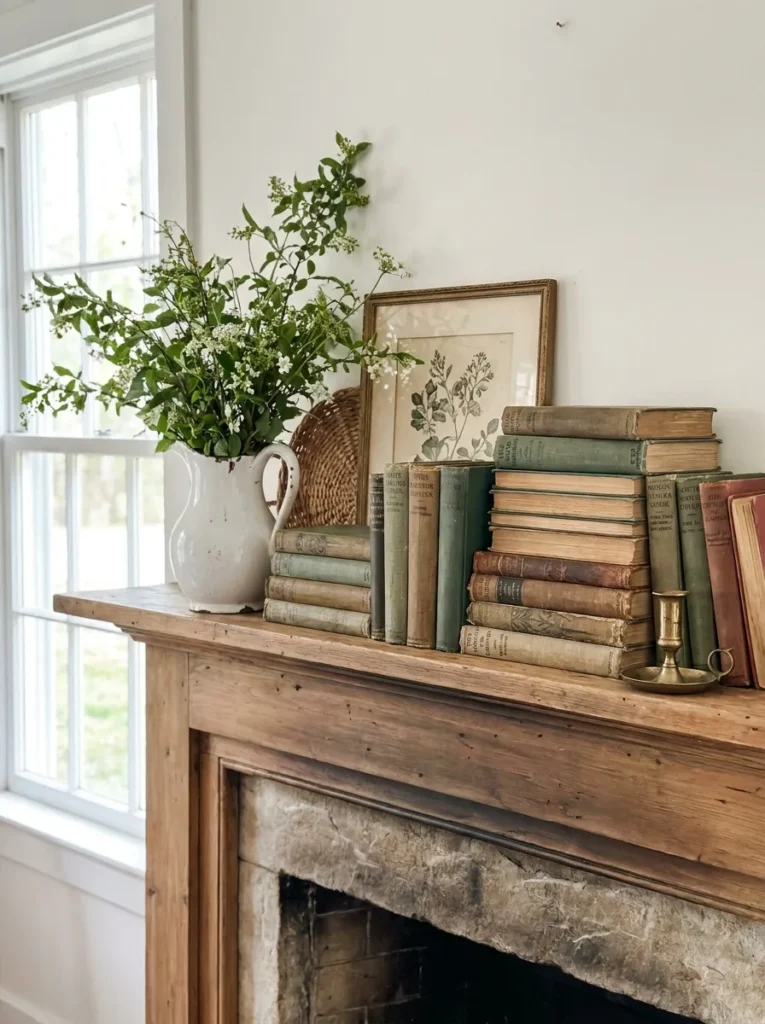 Vintage books on summer mantel – adds collected, personal charm