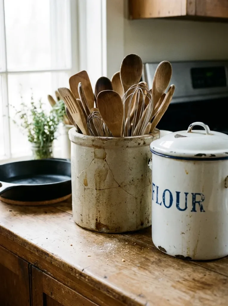 Vintage ceramic crock holding wooden utensils on a kitchen counter.