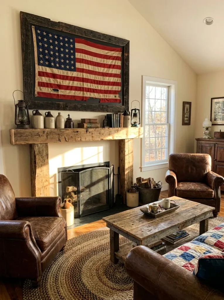 Large framed vintage American flag on a rustic wooden mantel.