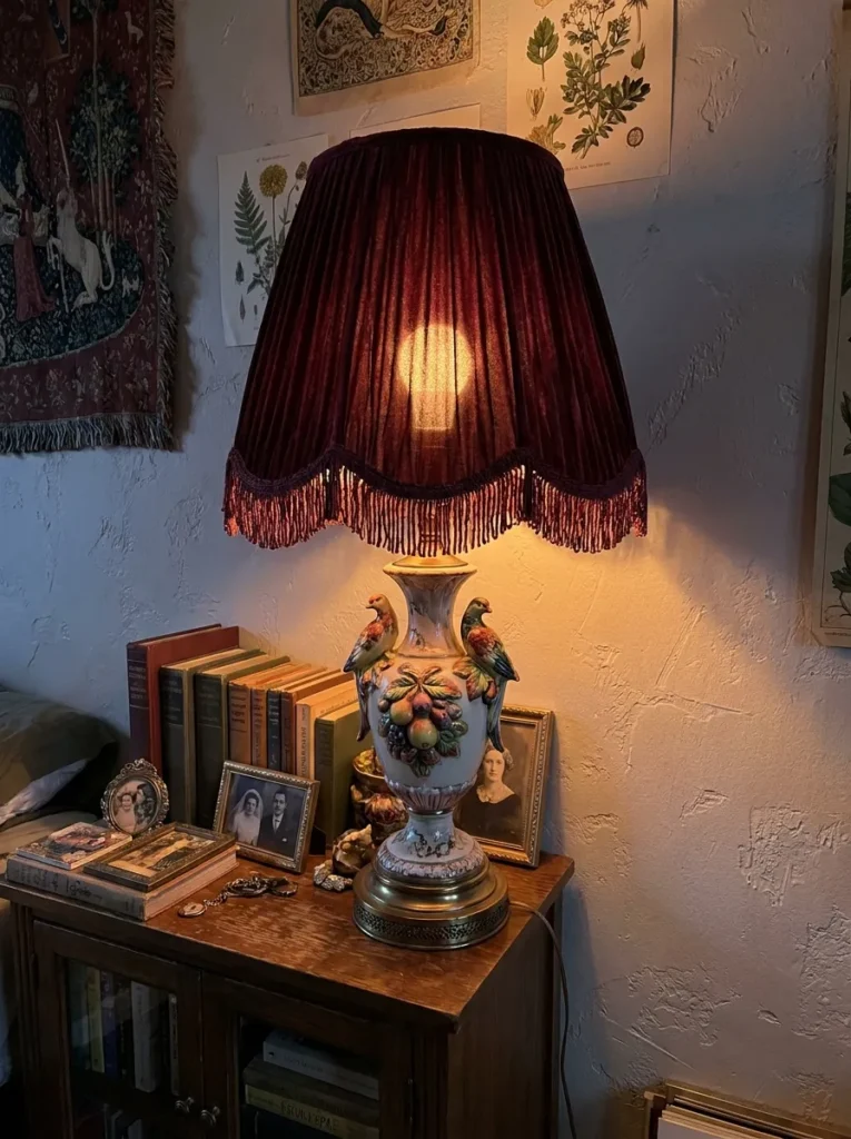 Vintage lamp base with burgundy pleated shade – affordable lighting update