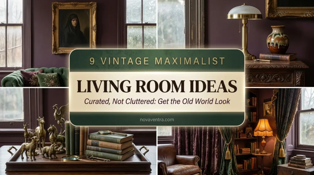 Vintage maximalist living room ideas featuring dark moody walls, mixed eras of furniture, ornate gold mirrors, and intentionally curated antique decor.