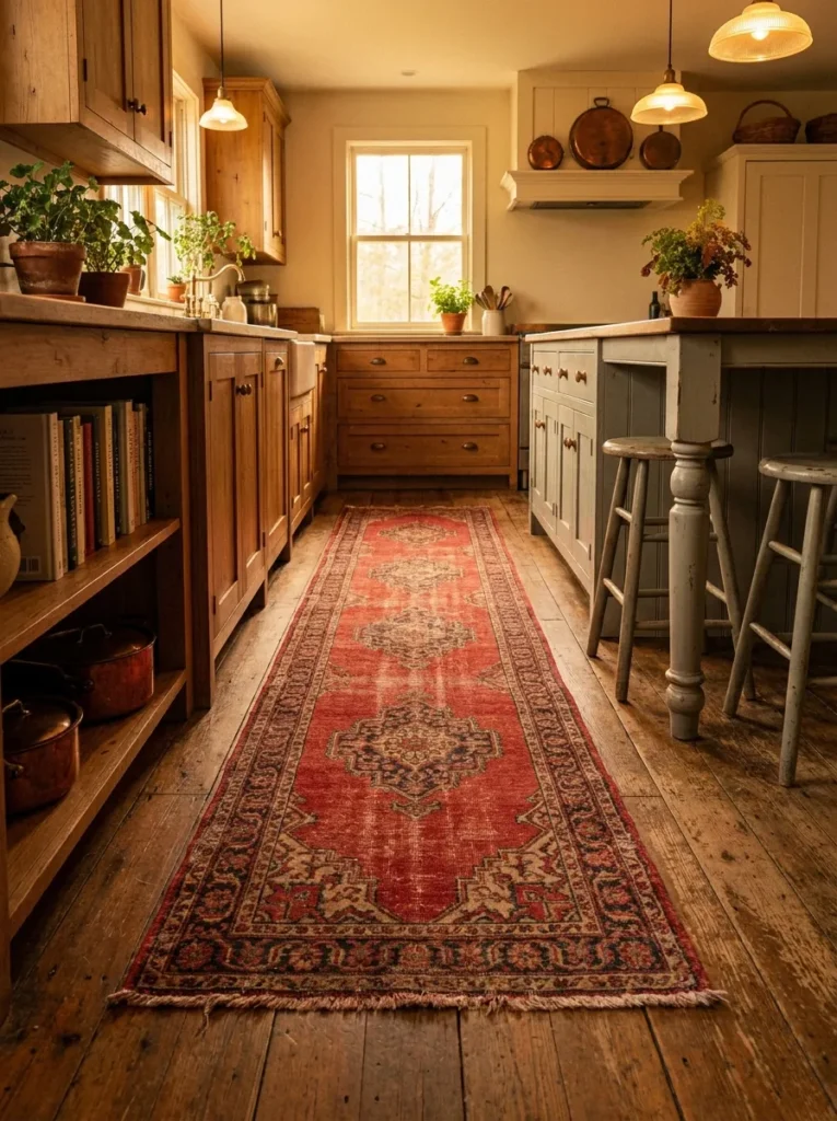 Faded red vintage runner rug on a kitchen floor.