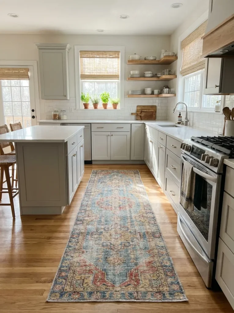 Vintage style runner rug placed in the aisle of a modernized kitchen