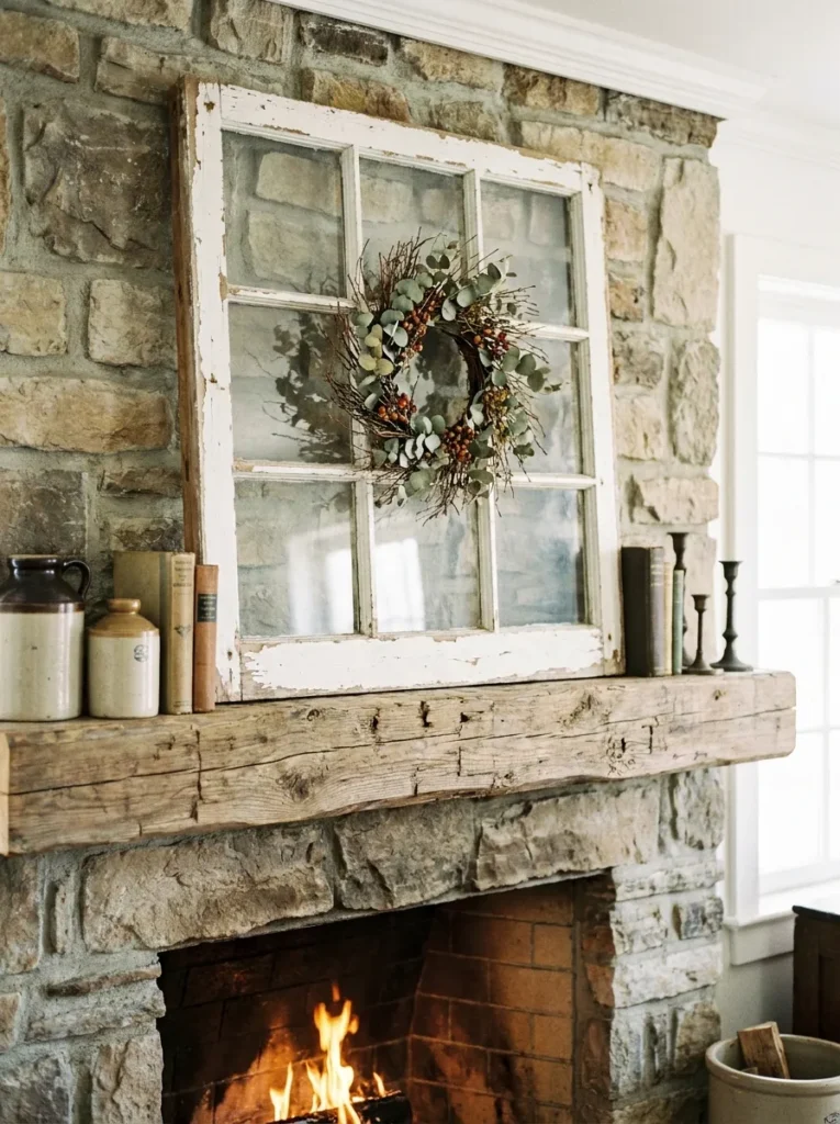 Vintage window frame used as wall decor above a mantel.