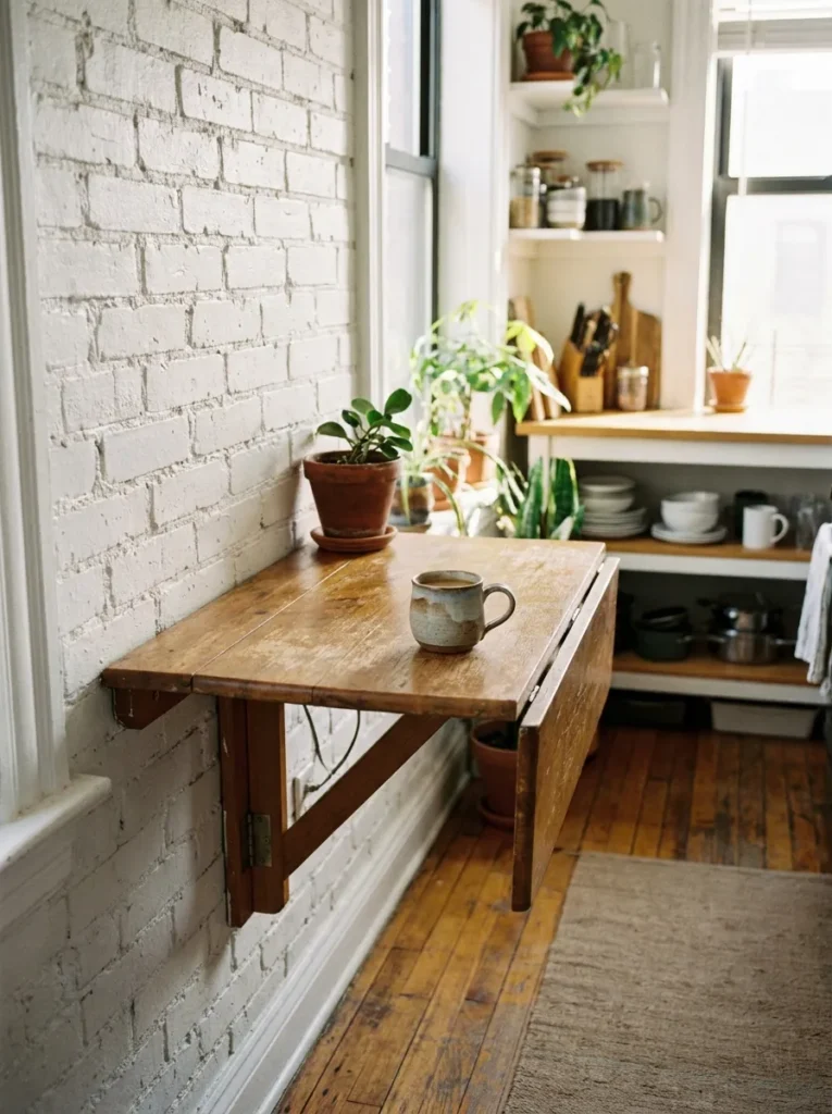 Wall mounted drop-leaf table folded up in a narrow apartment kitchen