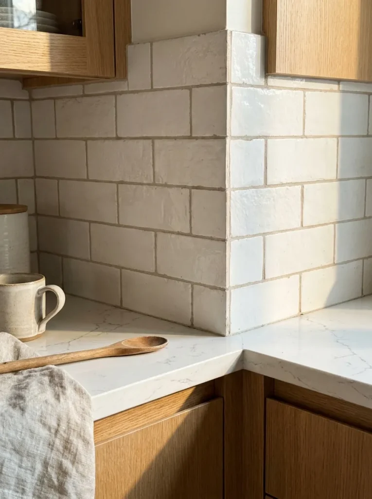 White kitchen tile with warm greige grout complementing oak cabinets