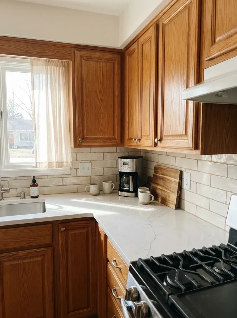 Creamy matte white subway tile paired with honey oak cabinets