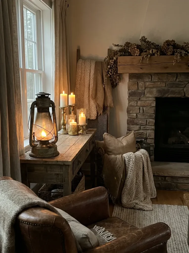 Warm lighting and candles for rustic farmhouse decor – cozy glow