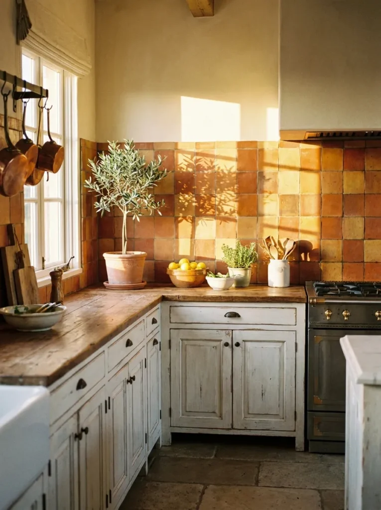 Warm terracotta tile backsplash adding warmth to a white kitchen