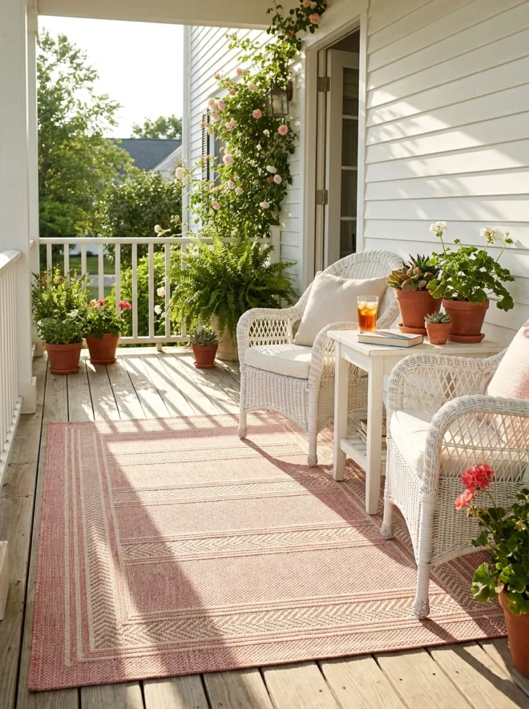 Weather-resistant pink porch rug – stylish outdoor decor