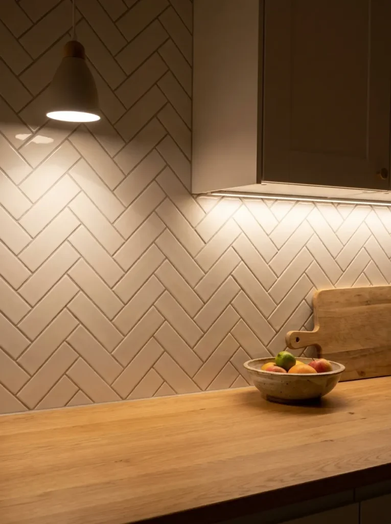 White herringbone tile pattern adding movement to an oak kitchen