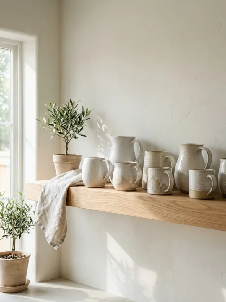 Collection of white ironstone pitchers on a kitchen shelf.