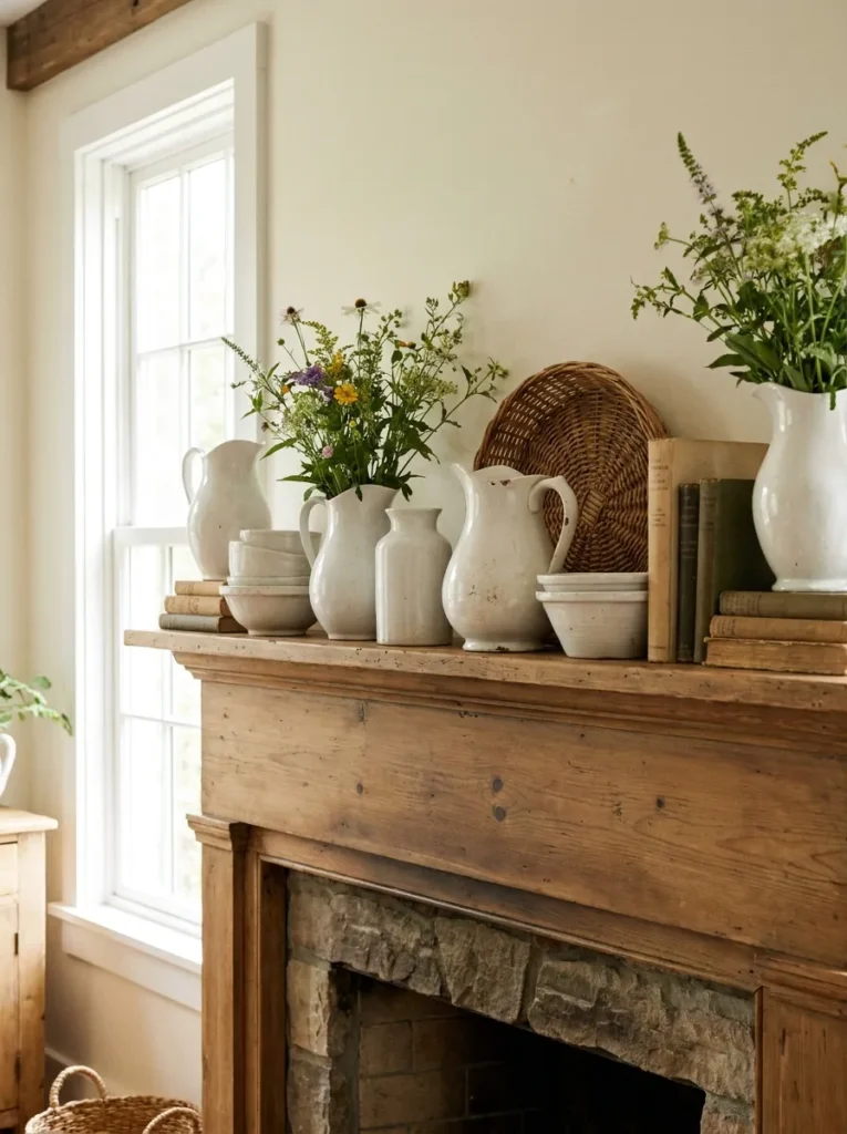 White pitchers and ceramics on summer mantel – clean and elegant