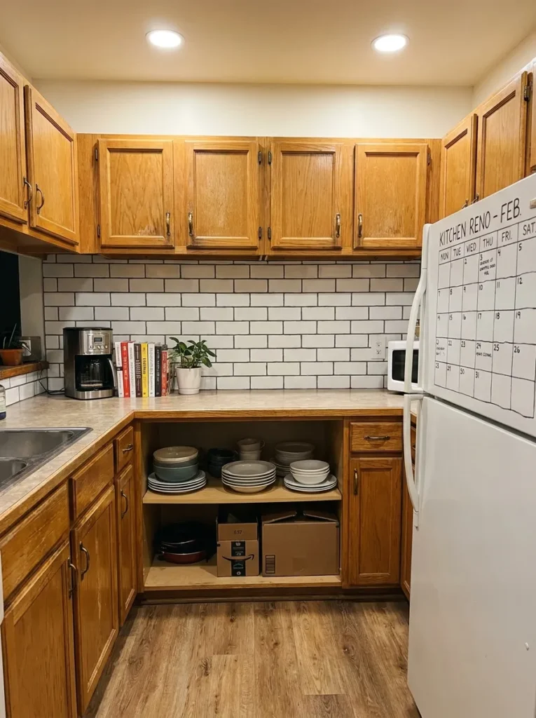 White subway tile with dark charcoal grout against honey oak cabinets