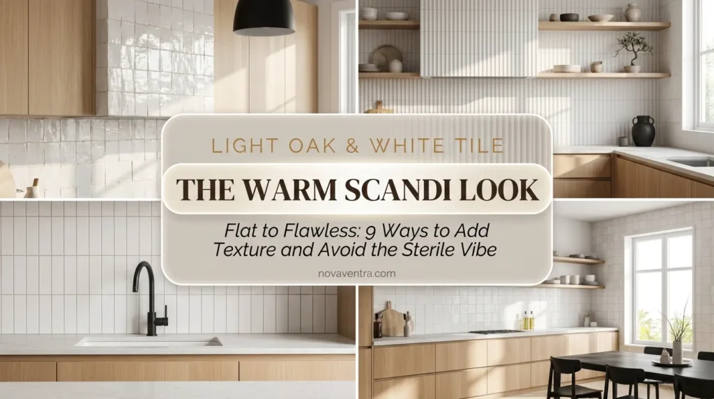 White tile backsplash with light oak cabinets showcasing textured Zellige tile, fluted tiles, vertical stacks, and greige grout in a Scandinavian kitchen.