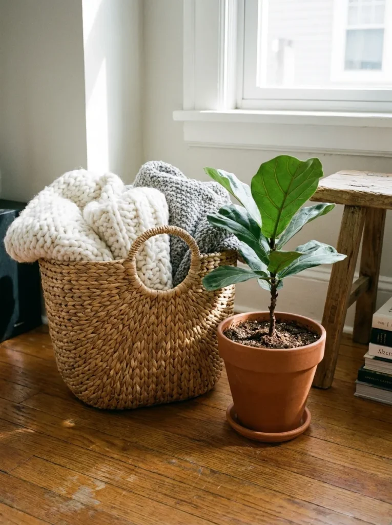 Large sea grass basket filled with blankets in a farmhouse room.