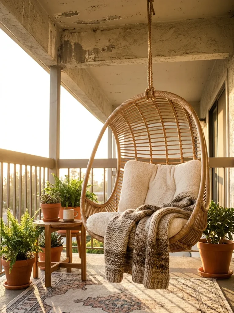Wicker hanging egg chair mounted to balcony ceiling – outdoor room statement piece