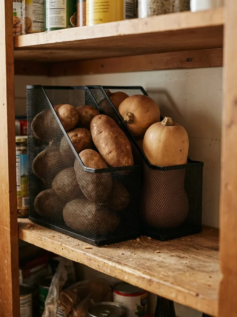Metal mesh magazine racks holding potatoes in a pantry